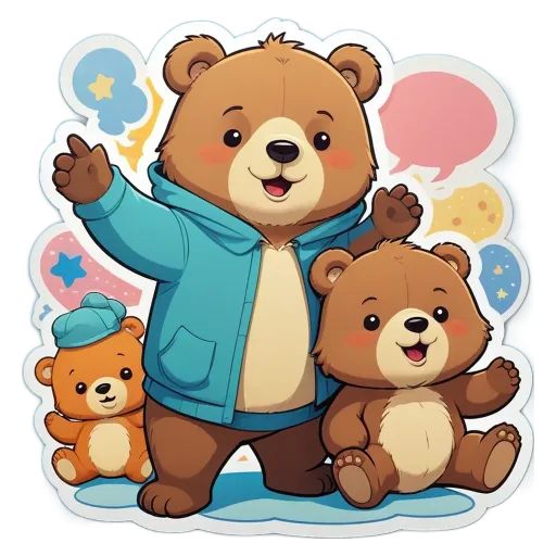 A bear with a blue hood and a yellow star is with his family.