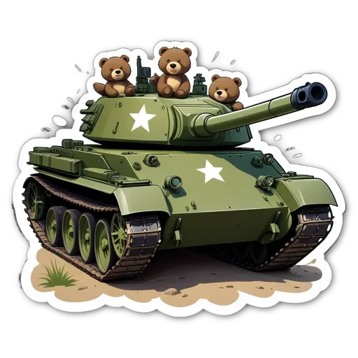 A tank is filled with teddy bears and has a star on the front.