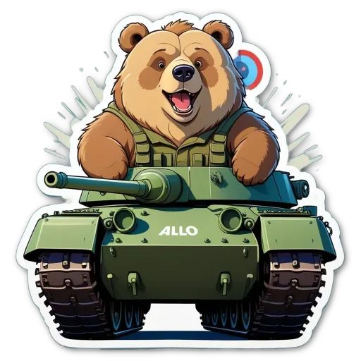 A bear in a tank with the word Allo on the side.