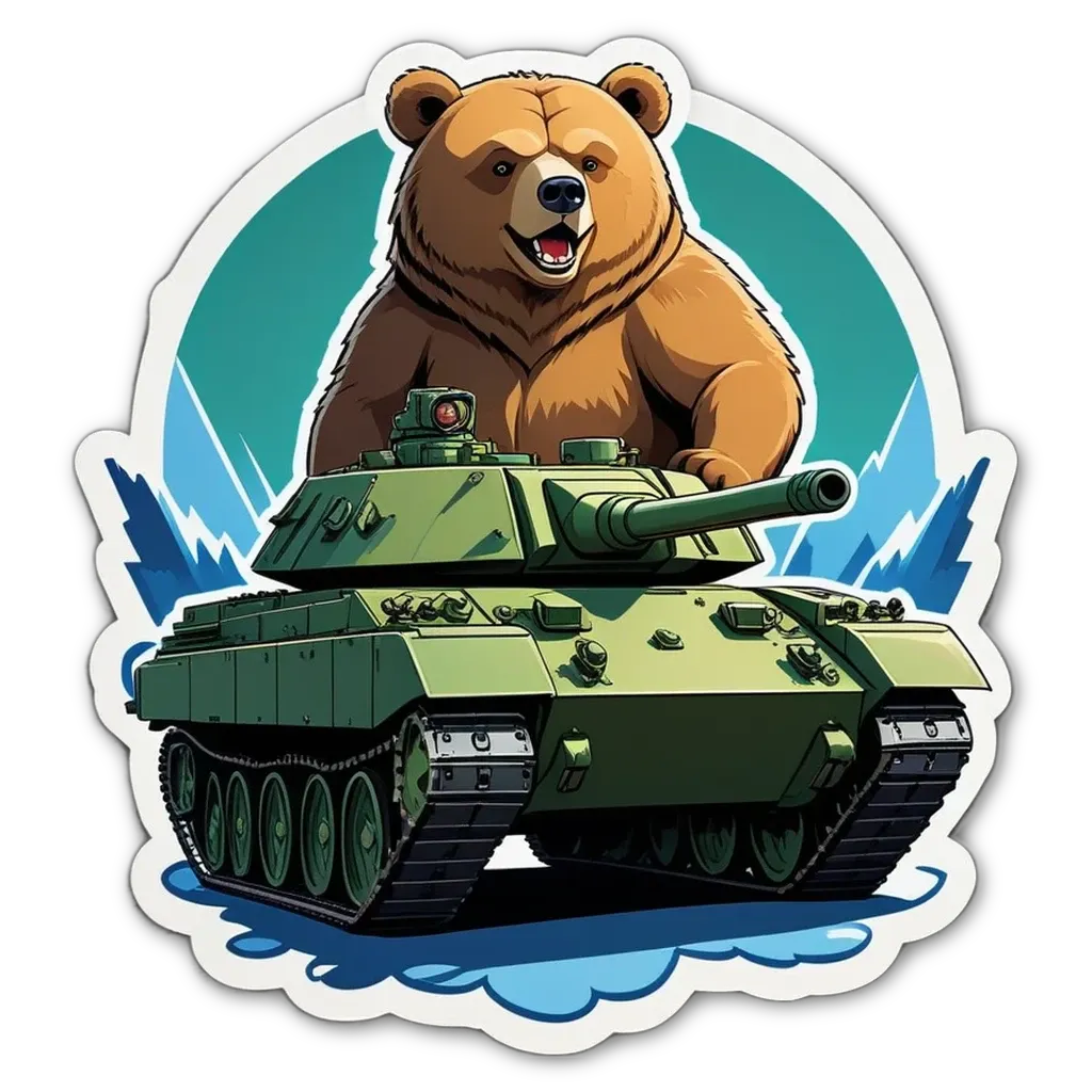 A bear in front of a tank, the bear is brown.