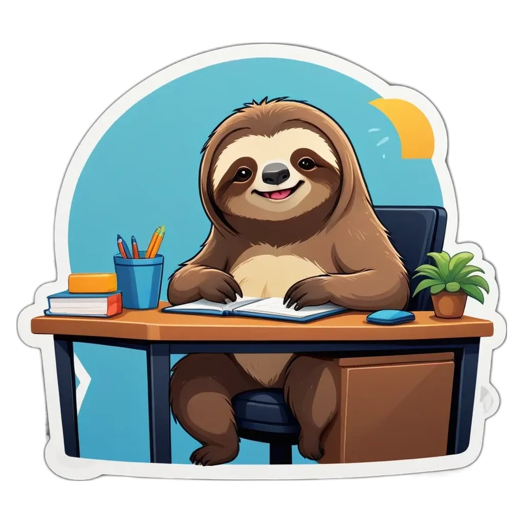 A cartoon depiction of a sloth at a desk with a book.