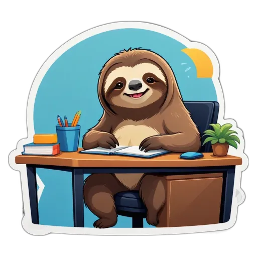 A cartoon depiction of a sloth at a desk with a book.