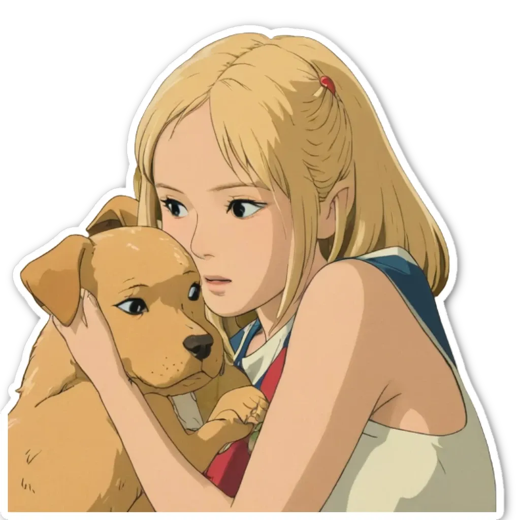 A girl holding a dog in a sticker.