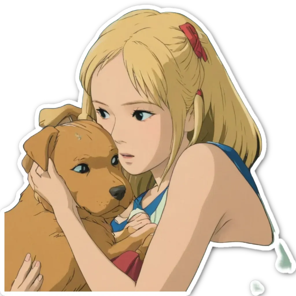 A cartoon girl holding a dog.