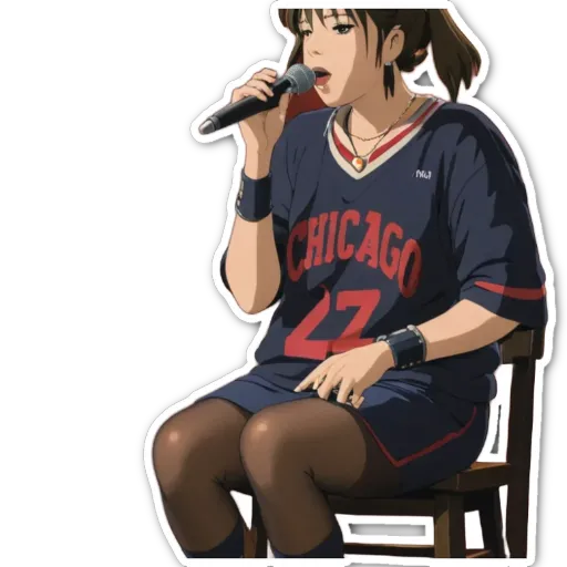 A woman singing into a microphone wearing a Chicago jersey.