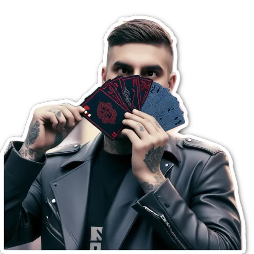 A man holding a deck of playing cards over his face.