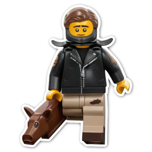 A lego figure holding a dog and a gun.