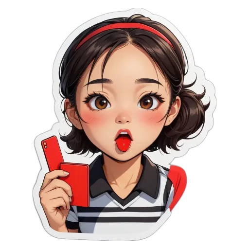 A sticker of a girl holding a phone.