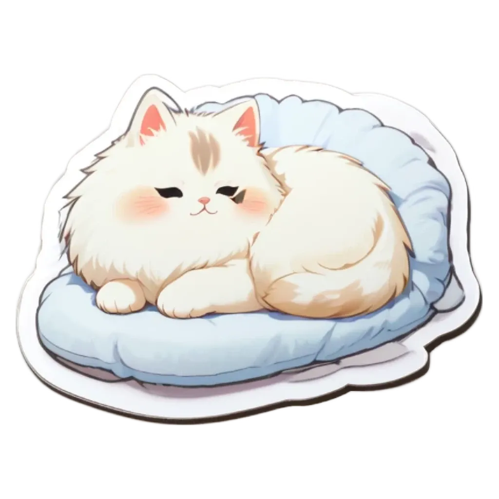 A white cat laying on a blue cushion.