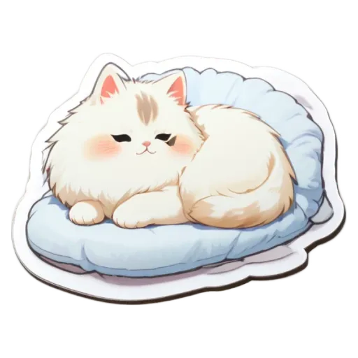 A white cat laying on a blue cushion.