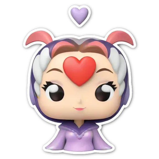 A sticker of a pop figure with a heart and words in the left corner.