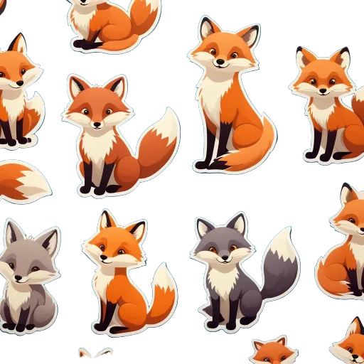 A collection of cartoon foxes of various sizes and colors.