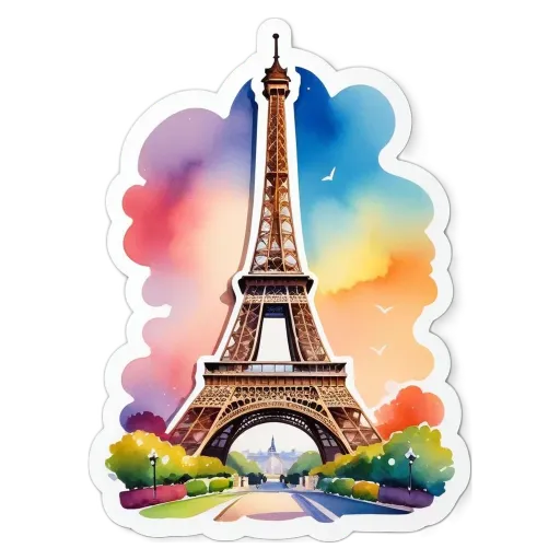 A colorful eiffel tower sticker is on a black background.