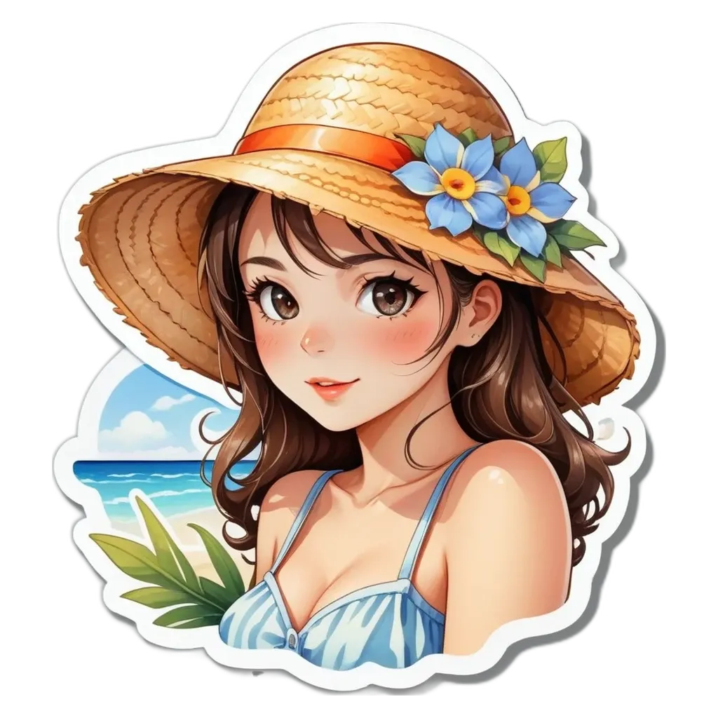 A cartoonish woman wearing a sunhat and a bathing suit.