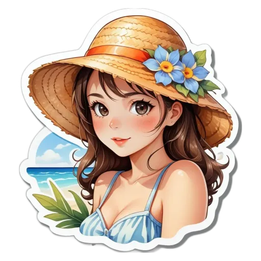 A cartoonish woman wearing a sunhat and a bathing suit.