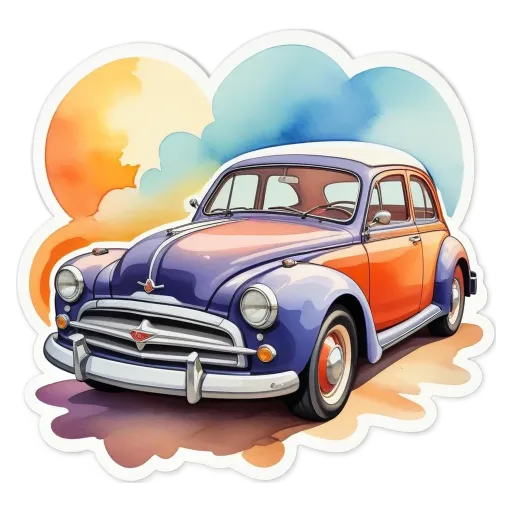 A colorful vintage car sticker is set on a black background.
