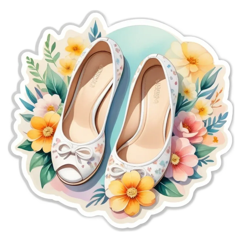 A white shoe with flowers and leaves the shoe is on a circle.