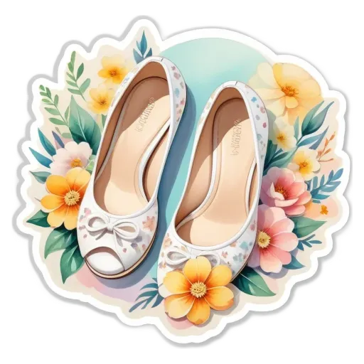 A white shoe with flowers and leaves the shoe is on a circle.