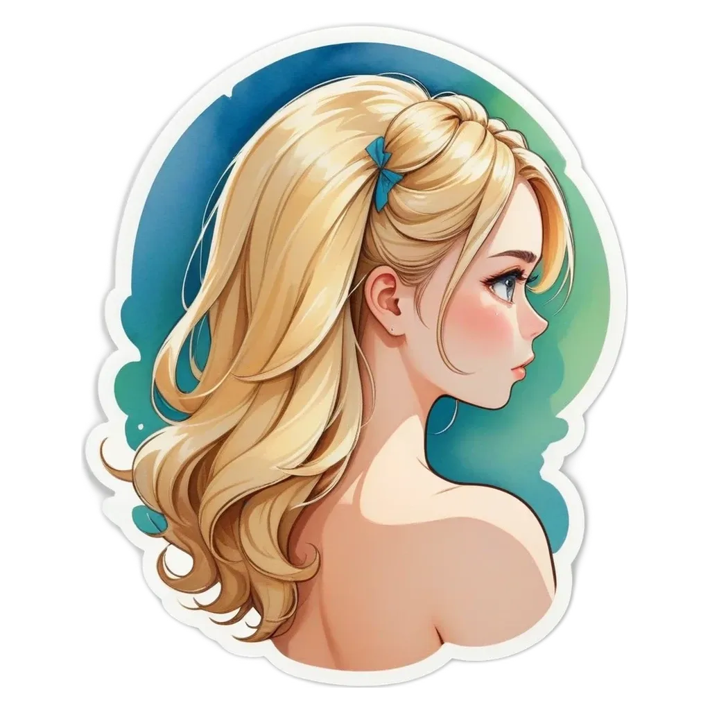 A sticker of a girl with long blonde hair.