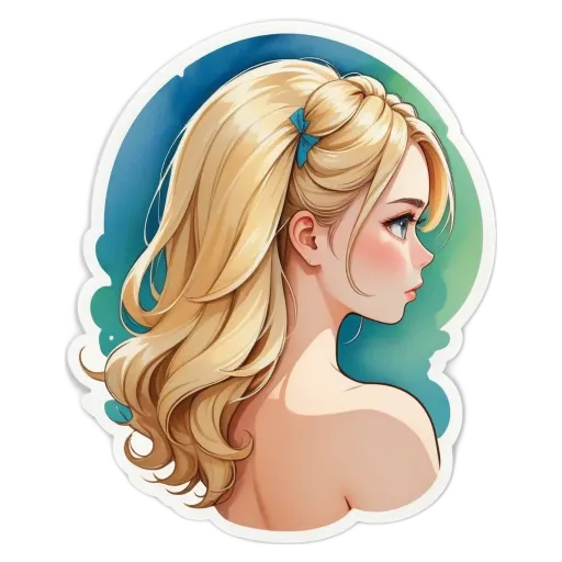 A sticker of a girl with long blonde hair.