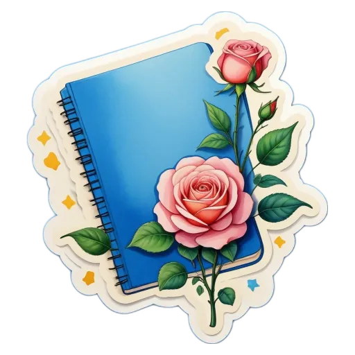 A rose is painted on the corner of a notebook.