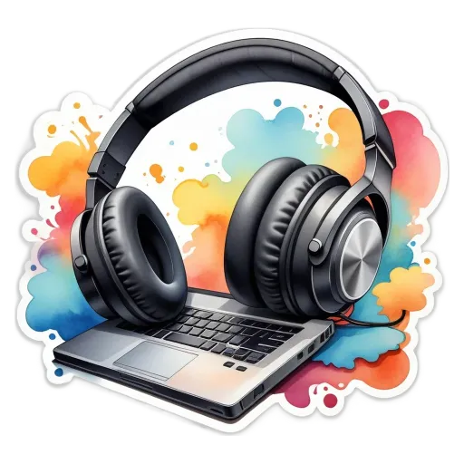 A colorful background with a sticker that has a laptop and headphones.