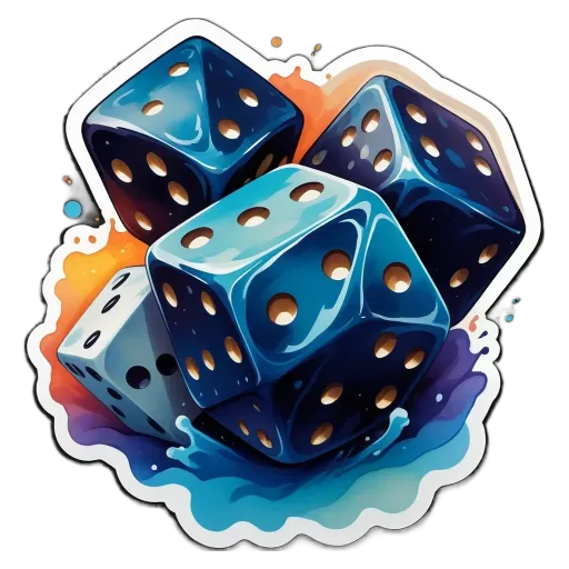 A set of blue and white dice with a colorful background.