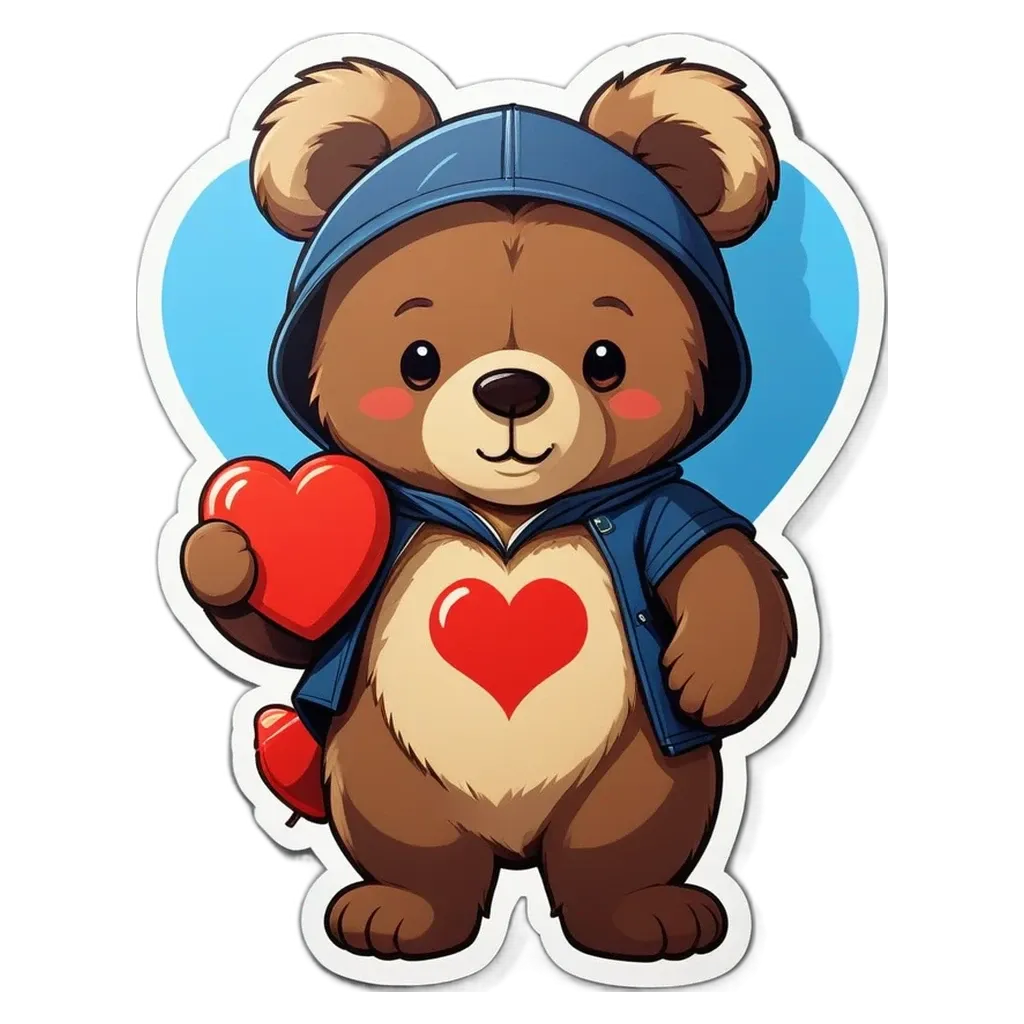 A heart is held by a teddy bear wearing a jacket and a hood.