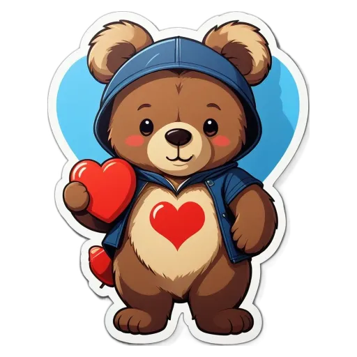 A heart is held by a teddy bear wearing a jacket and a hood.