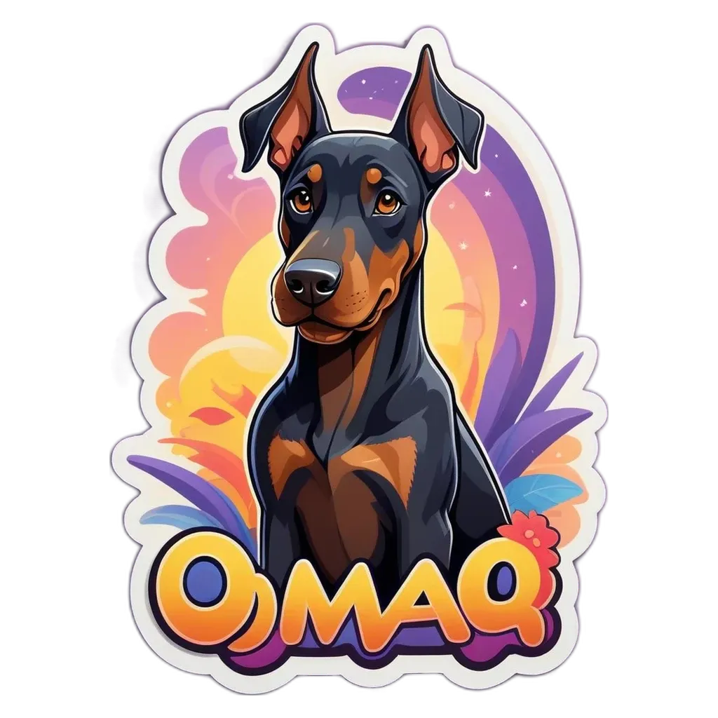 A sticker of a dog's face with the word Omacq on it.