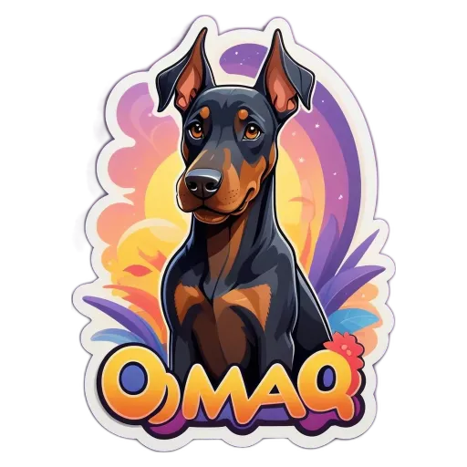 A sticker of a dog's face with the word Omacq on it.