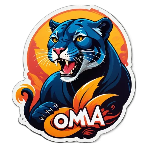 A sticker of a black panty with a yellow face and the word omaha in orange.