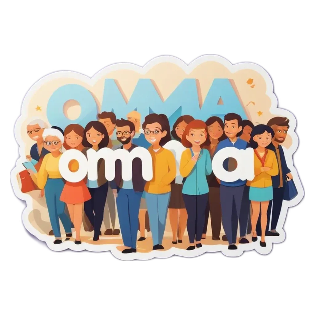 A group of people with the word Omama on a black background.
