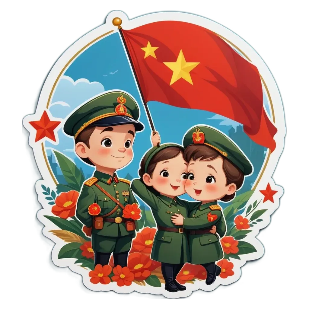 Three people holding a flag and flowers and a cartoonish description of the flag and people.