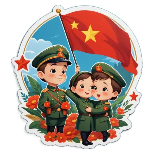 Three people holding a flag and flowers and a cartoonish description of the flag and people.