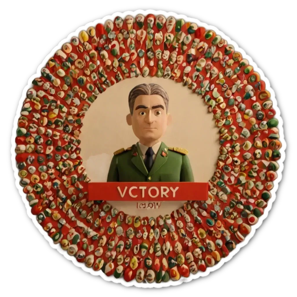 A Victory sticker that is made up of small rocks and has a man's face on it.