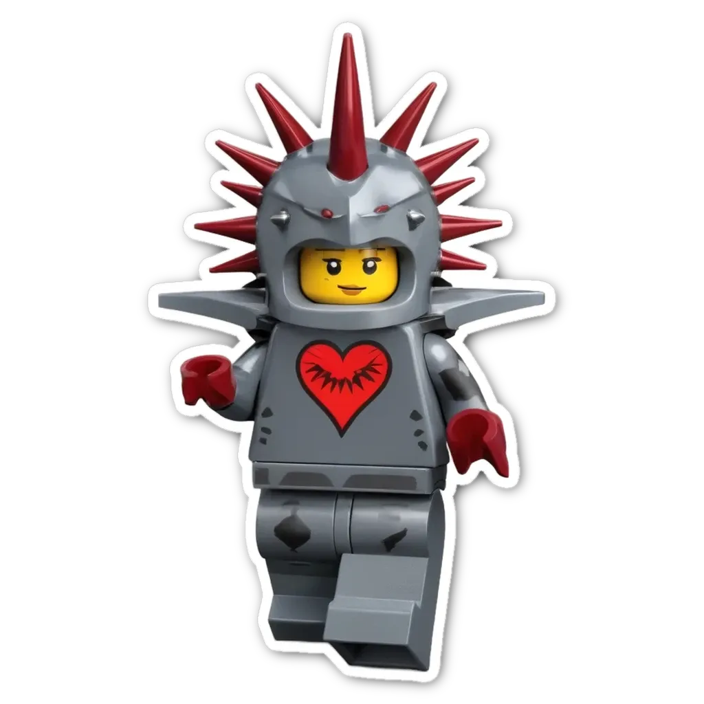 A lego person with a heart and spikes on the costume.