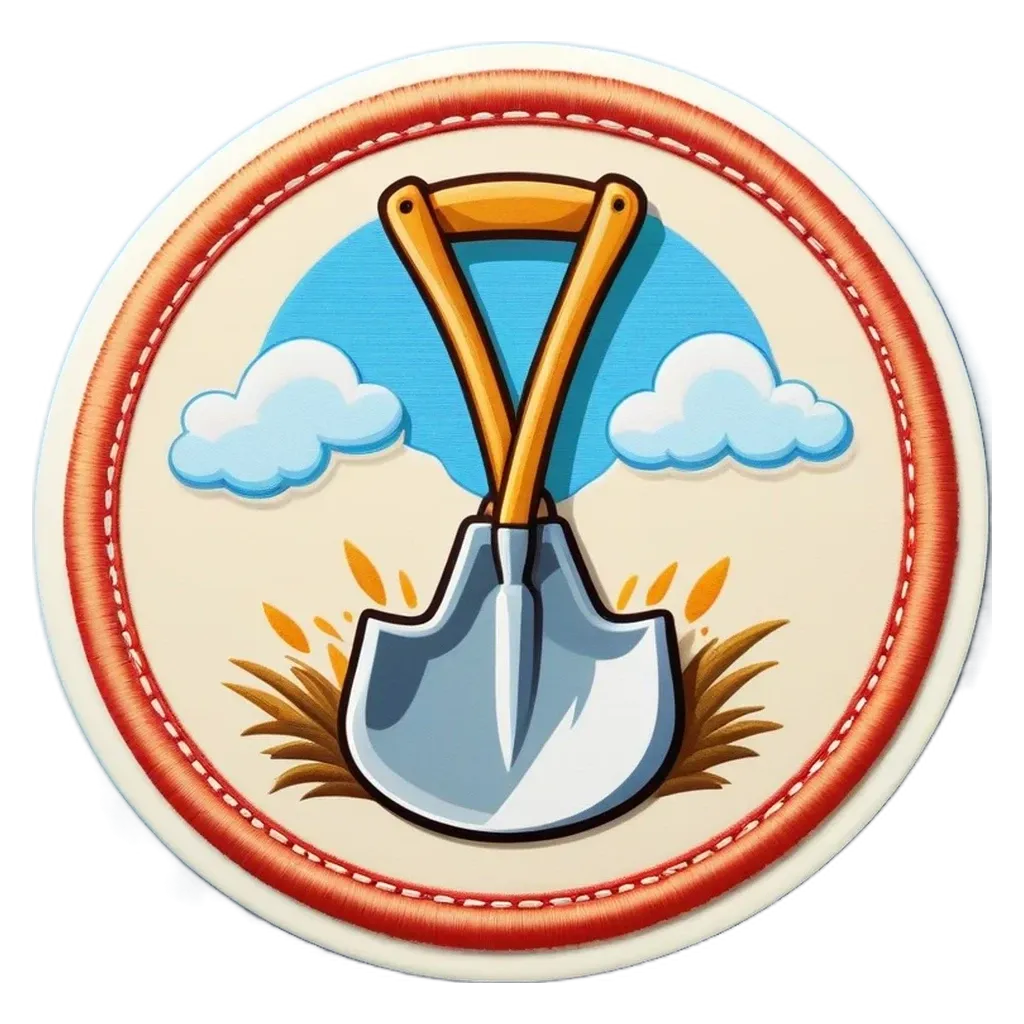 A circular badge with a shovel and clouds in the background.