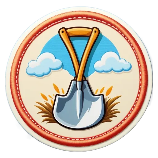 A circular badge with a shovel and clouds in the background.