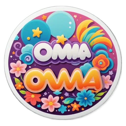A colorful sticker that says "omia" in purple and orange.