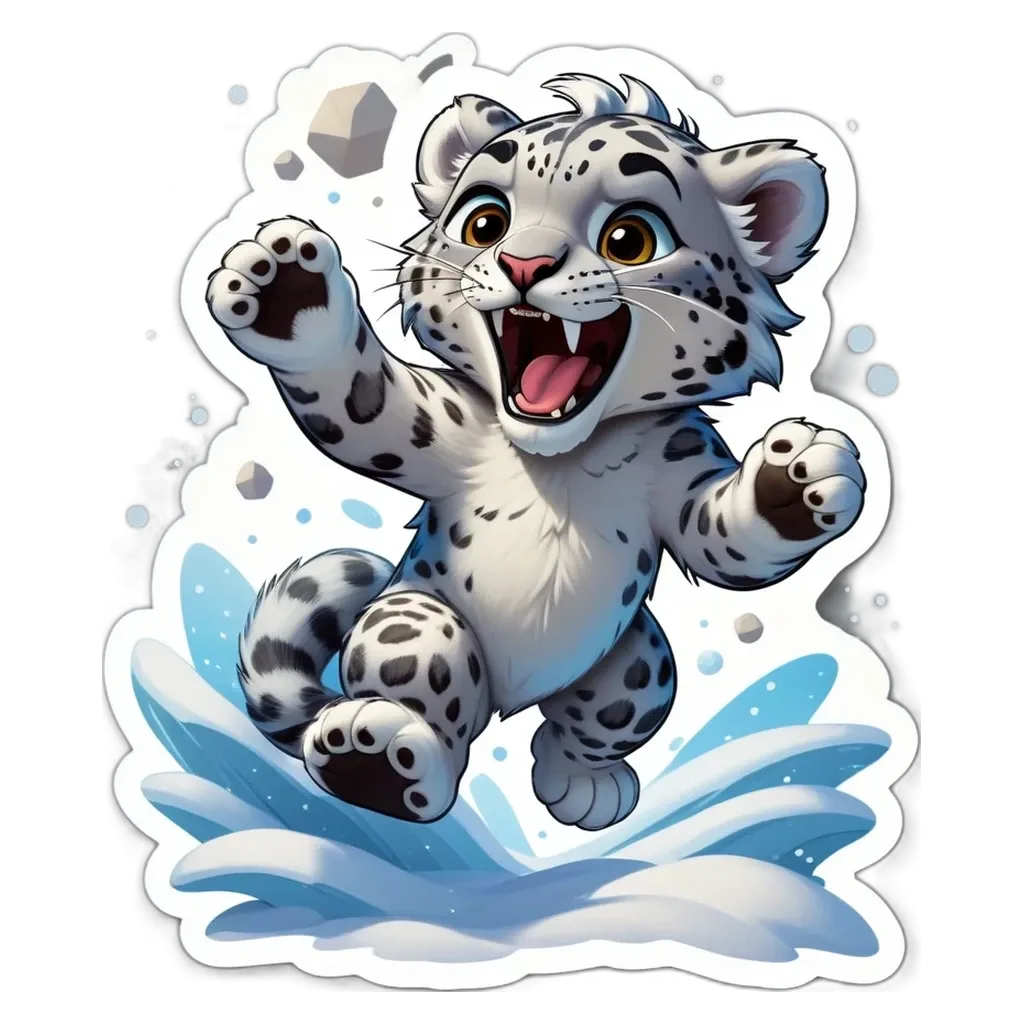 A snow leopard is playing in the water.