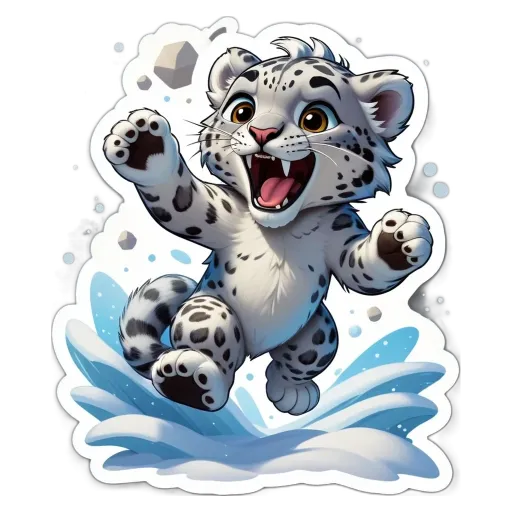 A snow leopard is playing in the water.