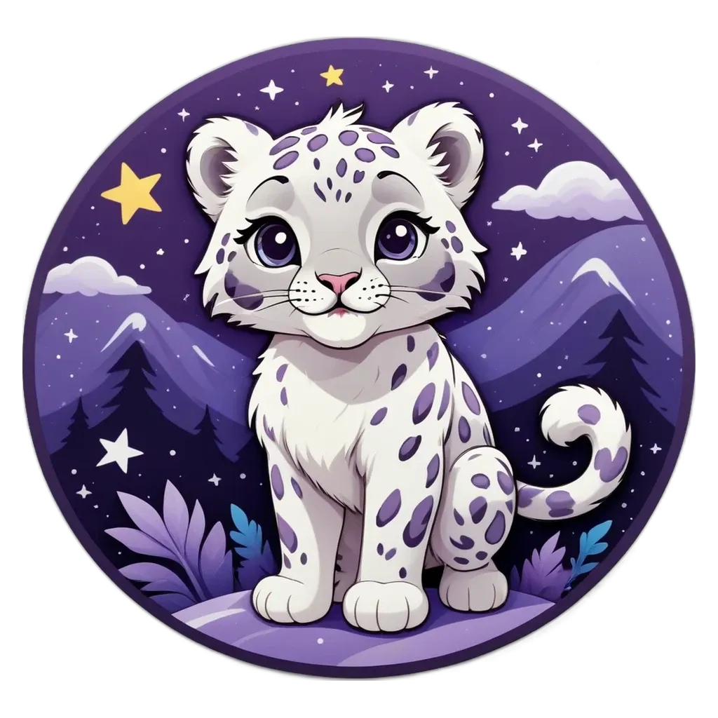 A cartoon cat sitting on a black and purple background with stars.