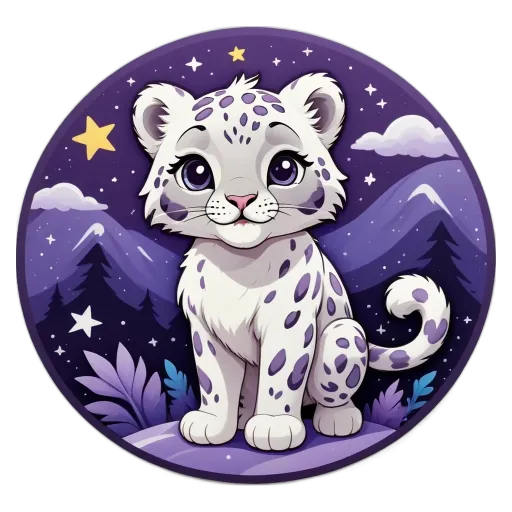 A cartoon cat sitting on a black and purple background with stars.