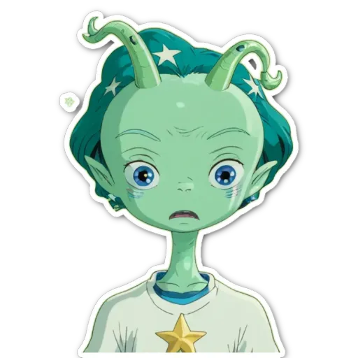 A green elf looking at the camera with two stars on his forehead.