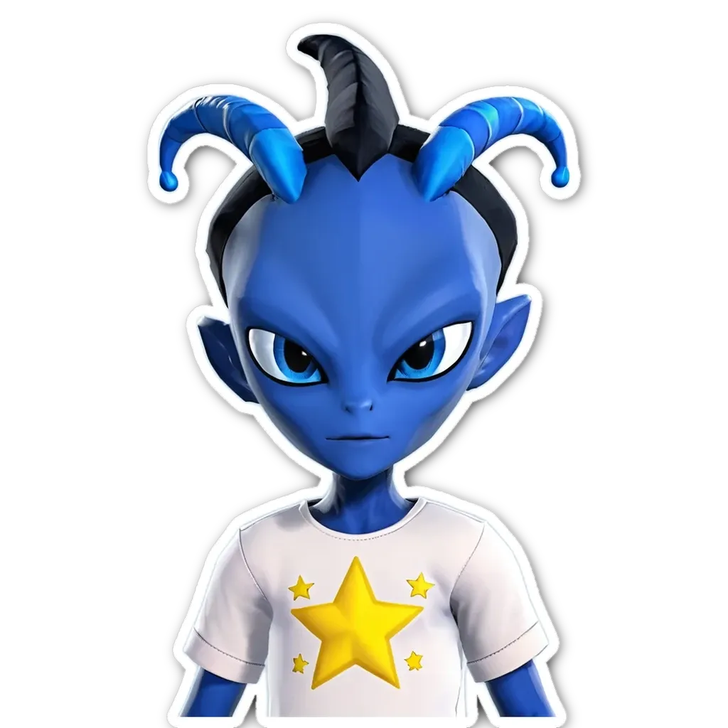 A blue character with stars on a black background.