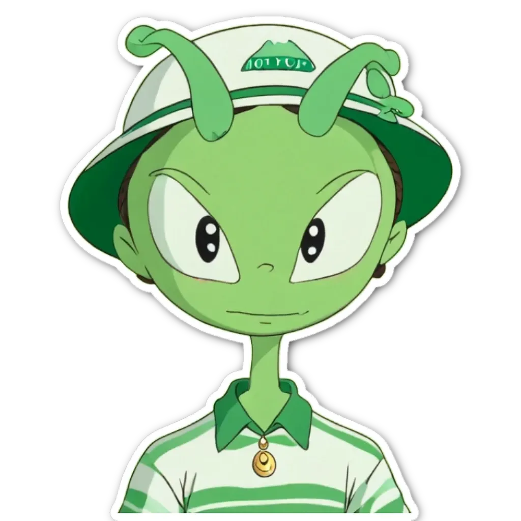 A green and white alien wearing a hat and a shirt.