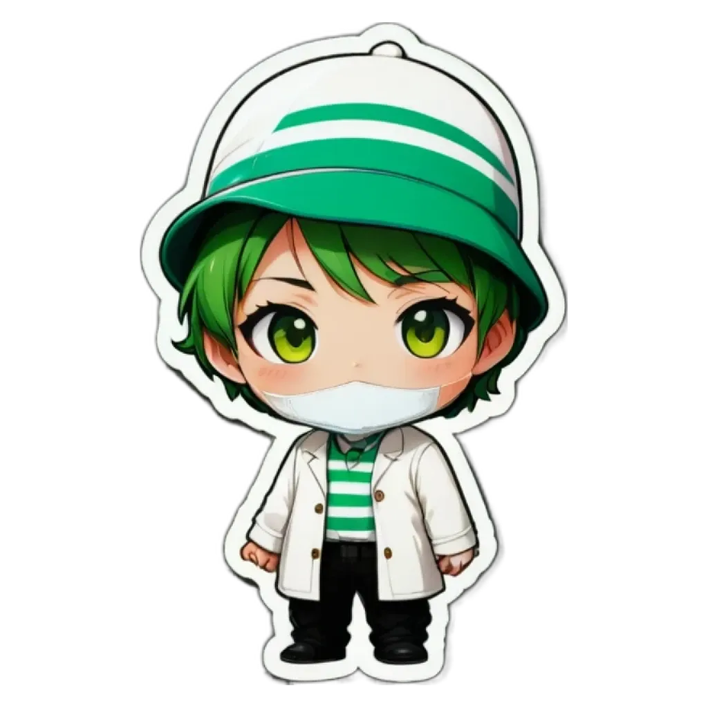 A sticker of a young boy who wears a white lab coat and a green hat.