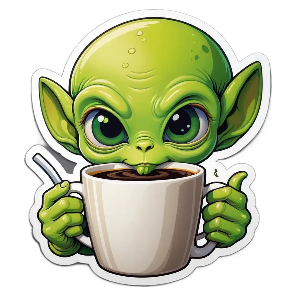 A green alien holding a cup of coffee with a sticker that has a green alien on it.