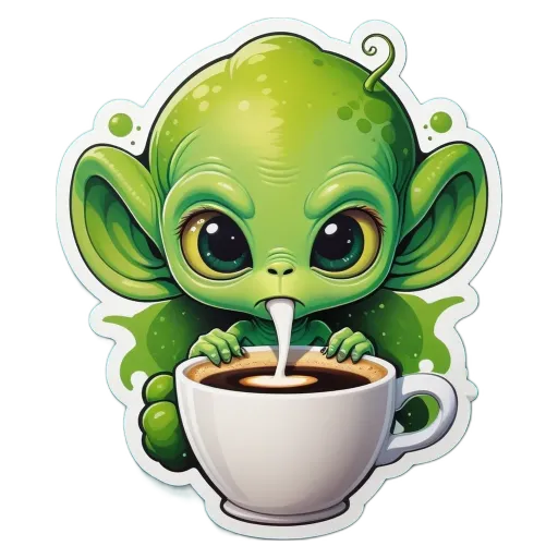 A green alien drinking from a cup of coffee.